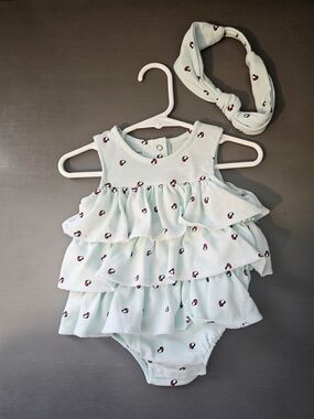 Tommy Hilfiger Mint Ruffle Baby One-Piece with Matching Headband NWOT